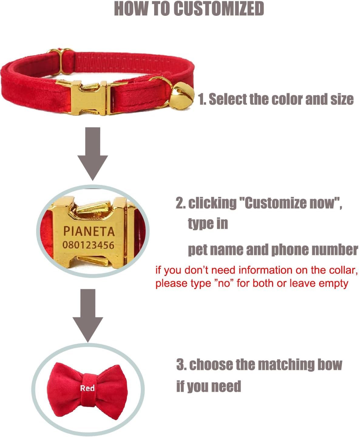 Personalisiertes Katzenhalsband mit Namensschild, verstellbares Samt Katzenhalsband mit Klingel, Haustier Halsband mit Name Telefonnummer Gravierte ID Tags, Rot, S (16cm-26cm)
