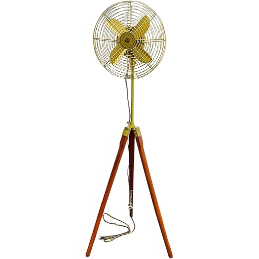 Nautical Collection Pedestal Fan - Antique Tripod Fan With Modern Unique Style Wooden Tripod Stand For Home & Office (Gold)