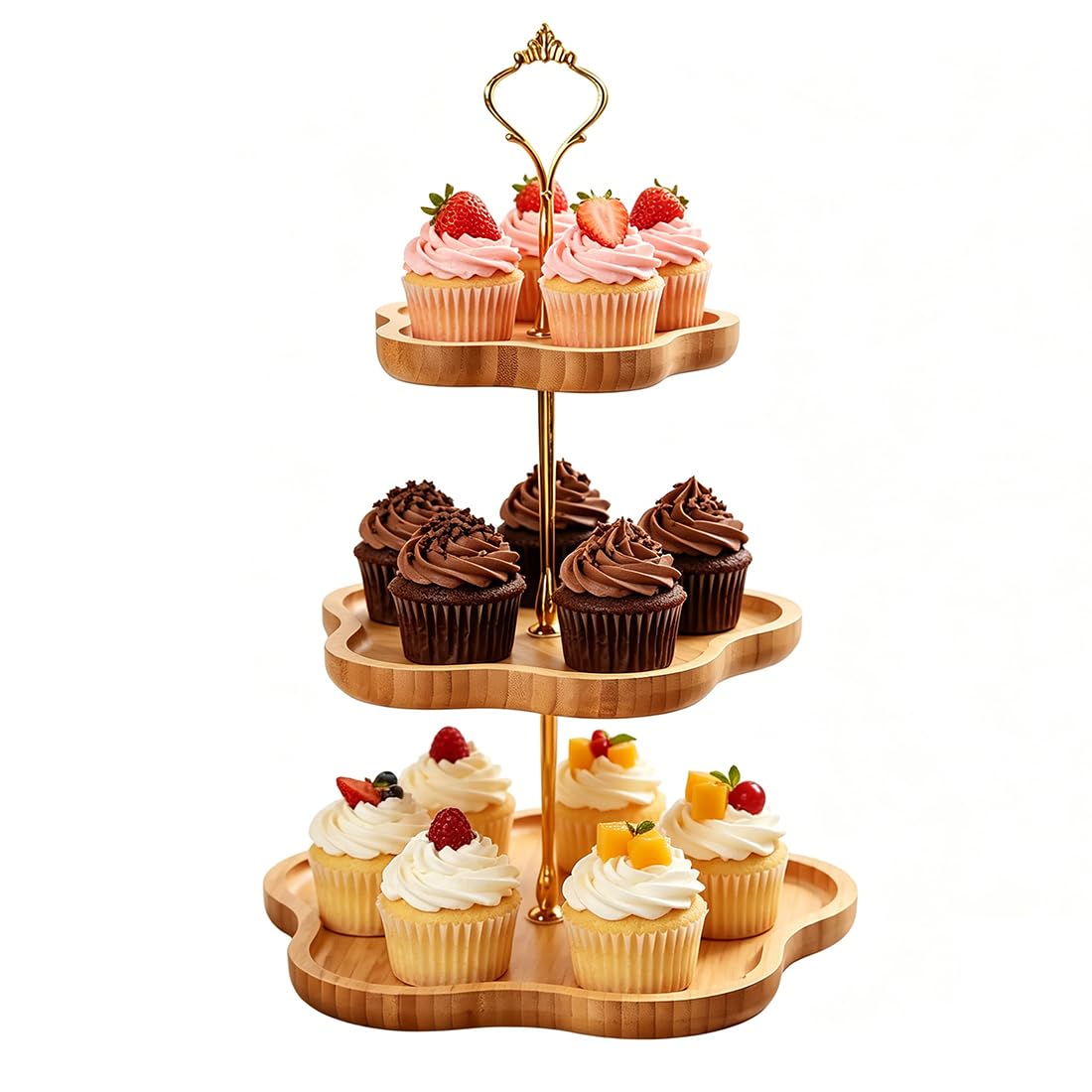 Support de service robuste à 3 niveaux en bambou pour buffets et desserts