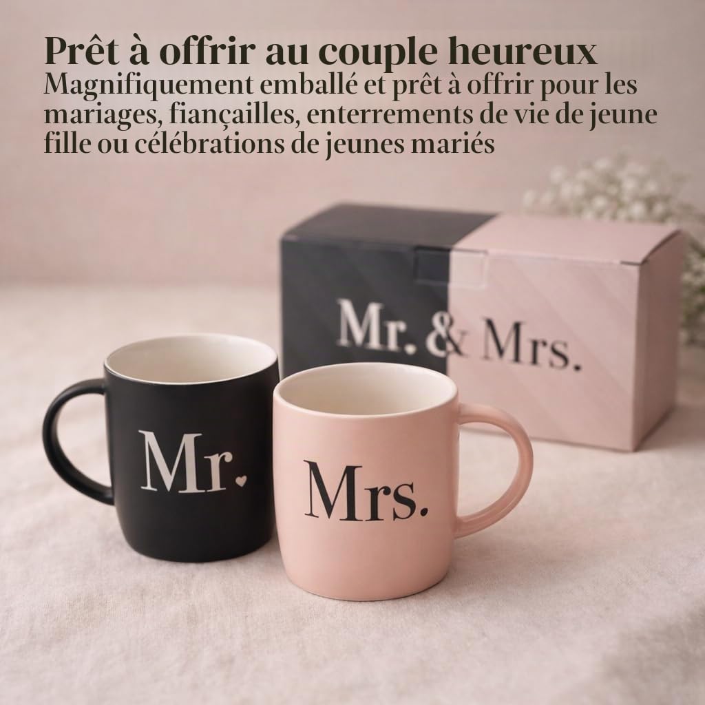 Triple Gifffted Tasses à café Mr & Mrs en céramique - Idées cadeaux pour mariage, fiançailles, Saint-Valentin, Noël
