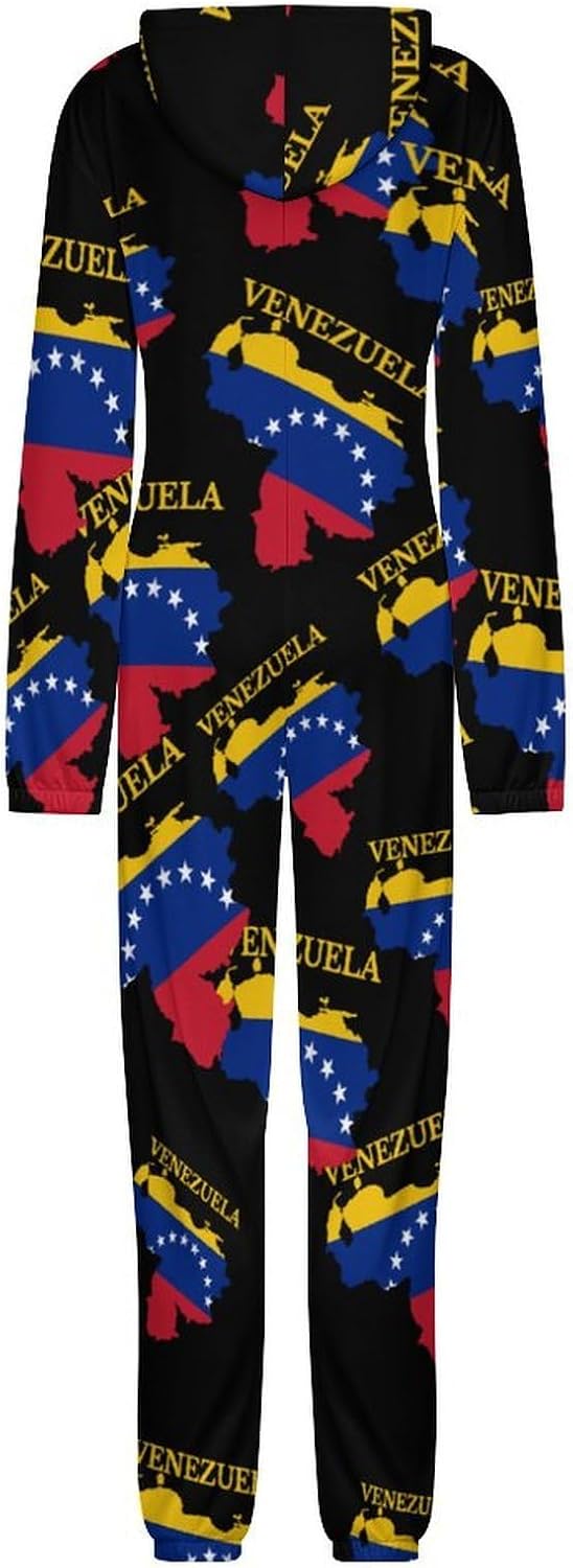 Venezuela Map Flag Adult Pajamas Onesie with Hood Pocket Jumpsuits One Piece Sleepwear