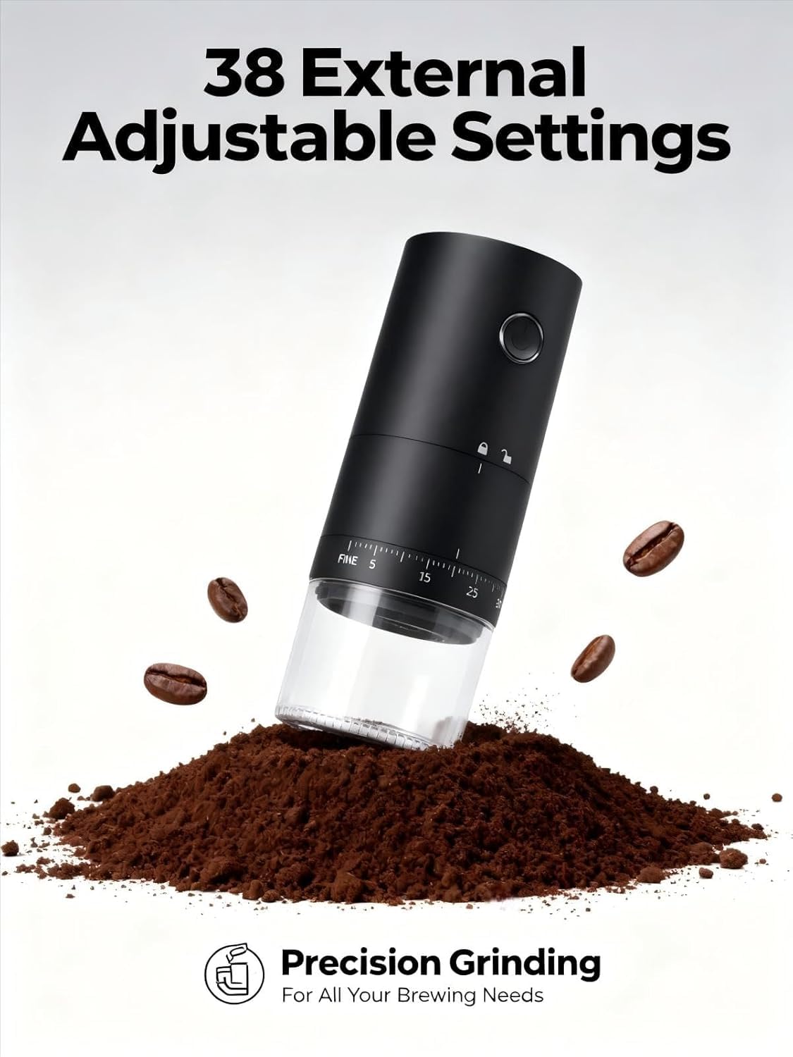 LAMIDO Moulin à café électrique portable – Moudre pendant la charge – 38 réglages externes réglables – Broyage 1,8 x plus rapide – Batterie rechargeable de 2000 mAh pour voyage, camping – Noir mat