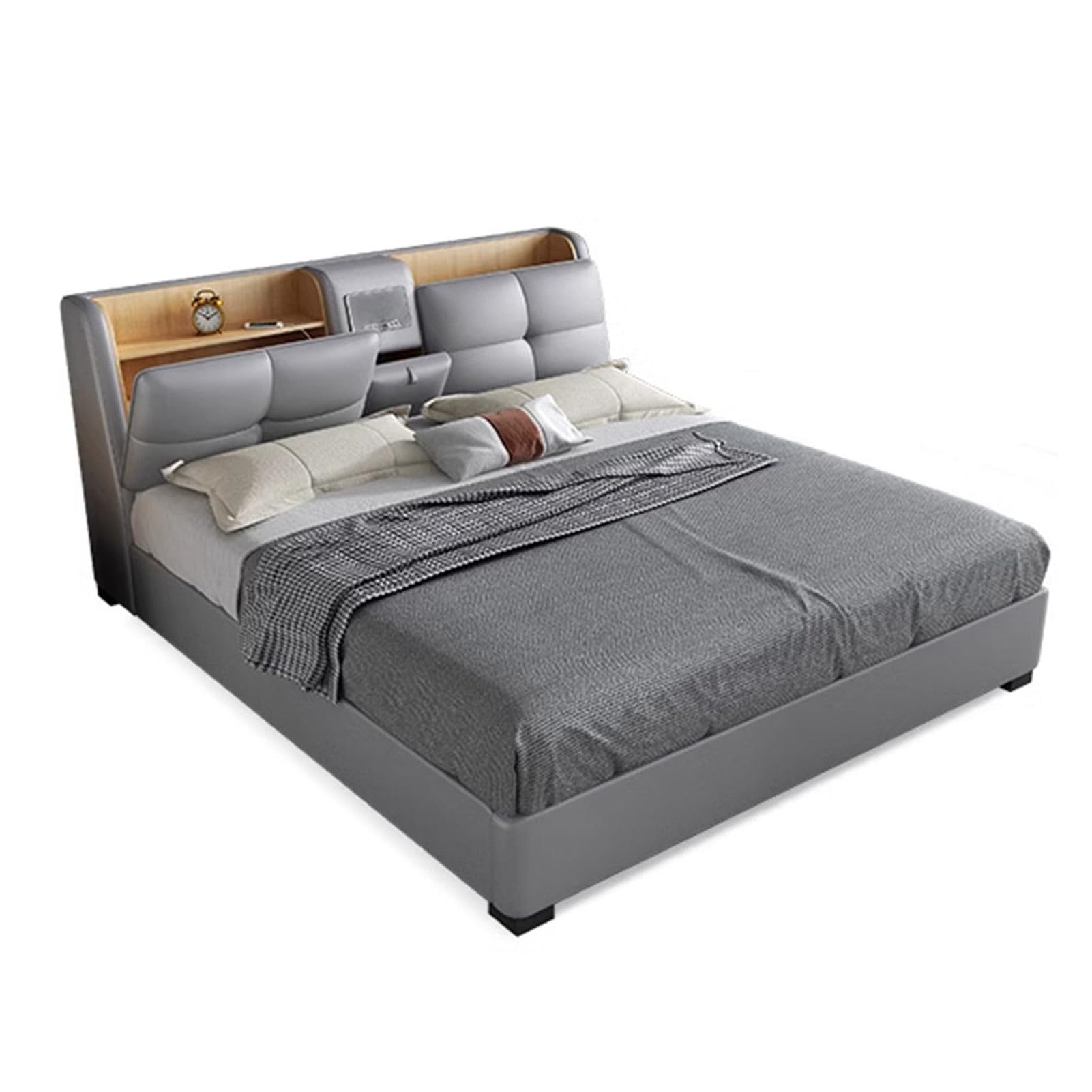 Modern King Size Genuine Leather Bed Upholstered Platform Bed Frame with Headboard and Lift Up Storage Strong Wooden