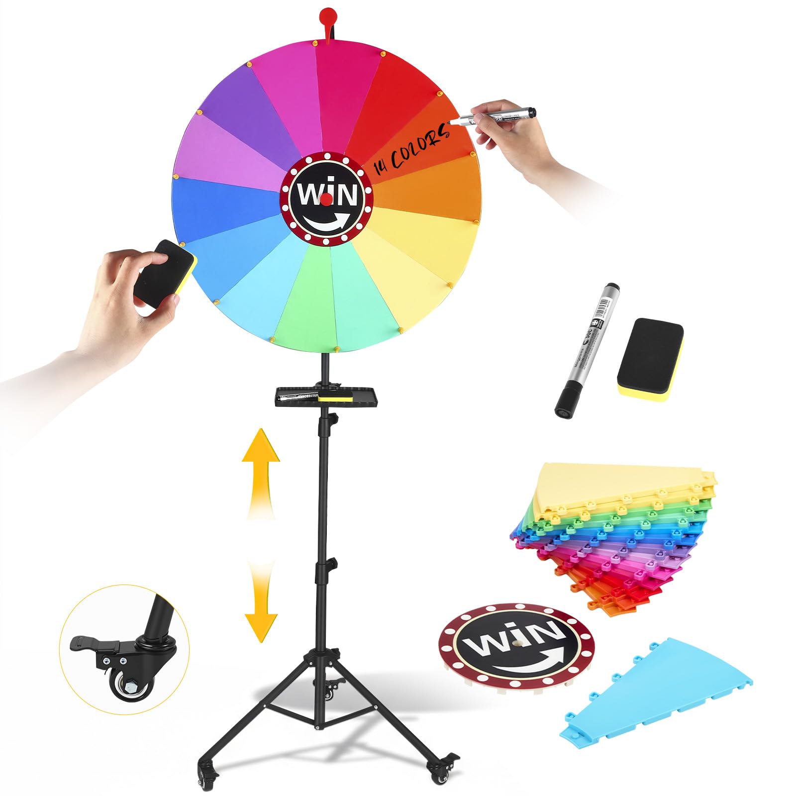 Ruota portafortuna da 60 cm per girare grande, ruota della fortuna per delbsten, con ruote girevoli a 360°, 14 punti di prezzo personalizzabili, cavalletto regolabile 90-165 cm, colore ruota