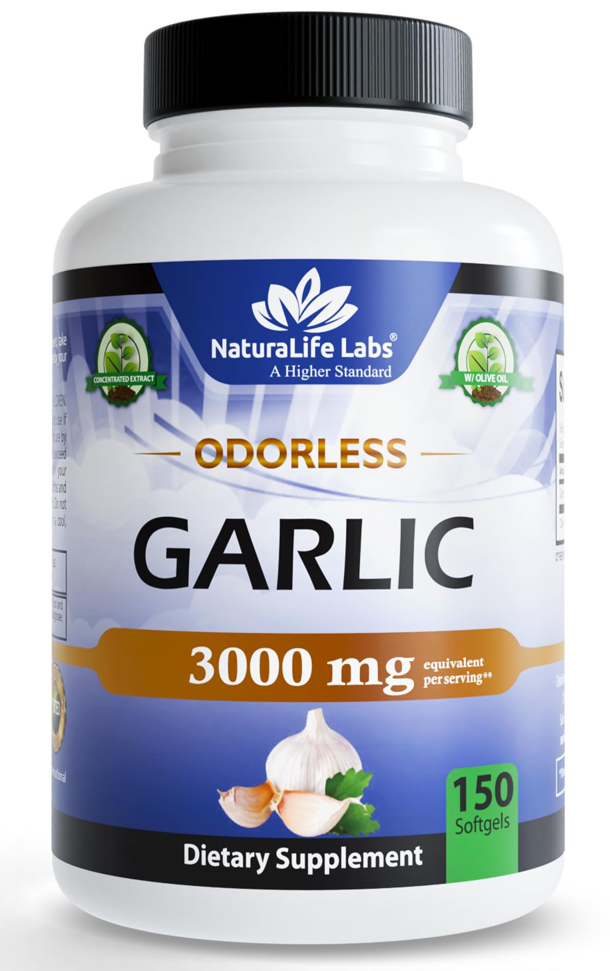 NaturaLife Labs Odorless Pure Garlic 1,500 mg per Soft Gel Maximum Strength 150 Soft gels Promotes Healthy Cholesterol Levels Immune System Support