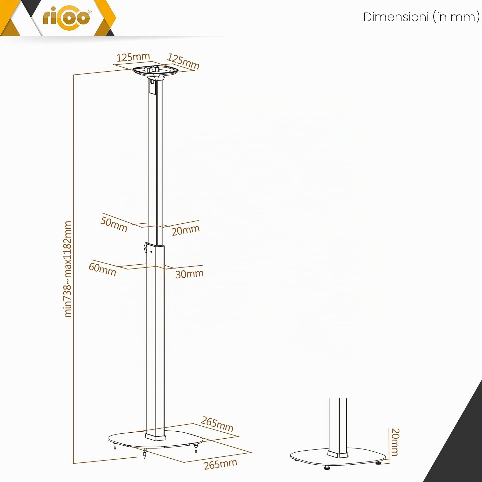 RICOO Supporto per Altoparlanti LH073 Supporti da terra per casse acustiche Supporto da Pavimento per SONOS ONE (SL) Stabile Stand con Gestione Cavi Integrata 1182 x 265 x 265 mm 1 pezzo Nero