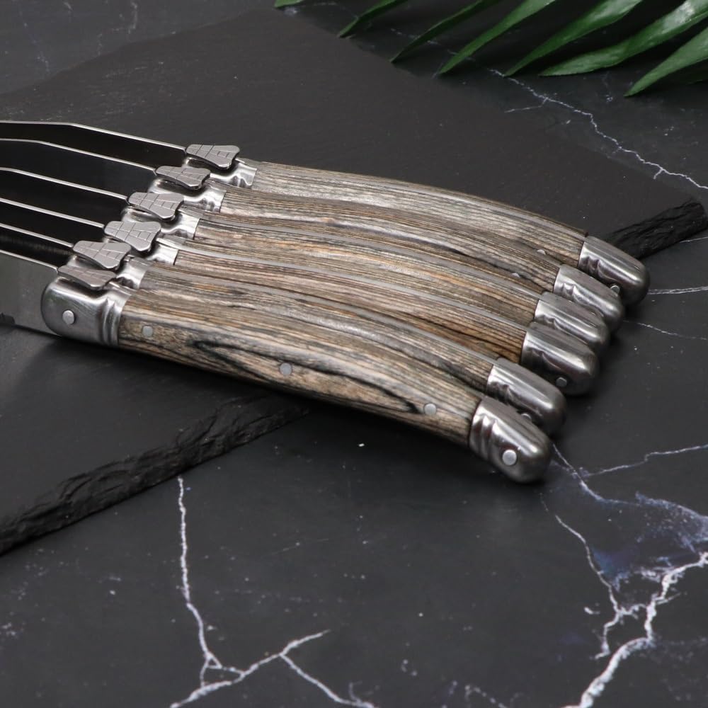 Steak Knife Set, 6pcs Stainless Steel Steak Knife Dinner Cutery Knife Tableware Set Grey Pakkawood Handle Dinner Knives Flatware