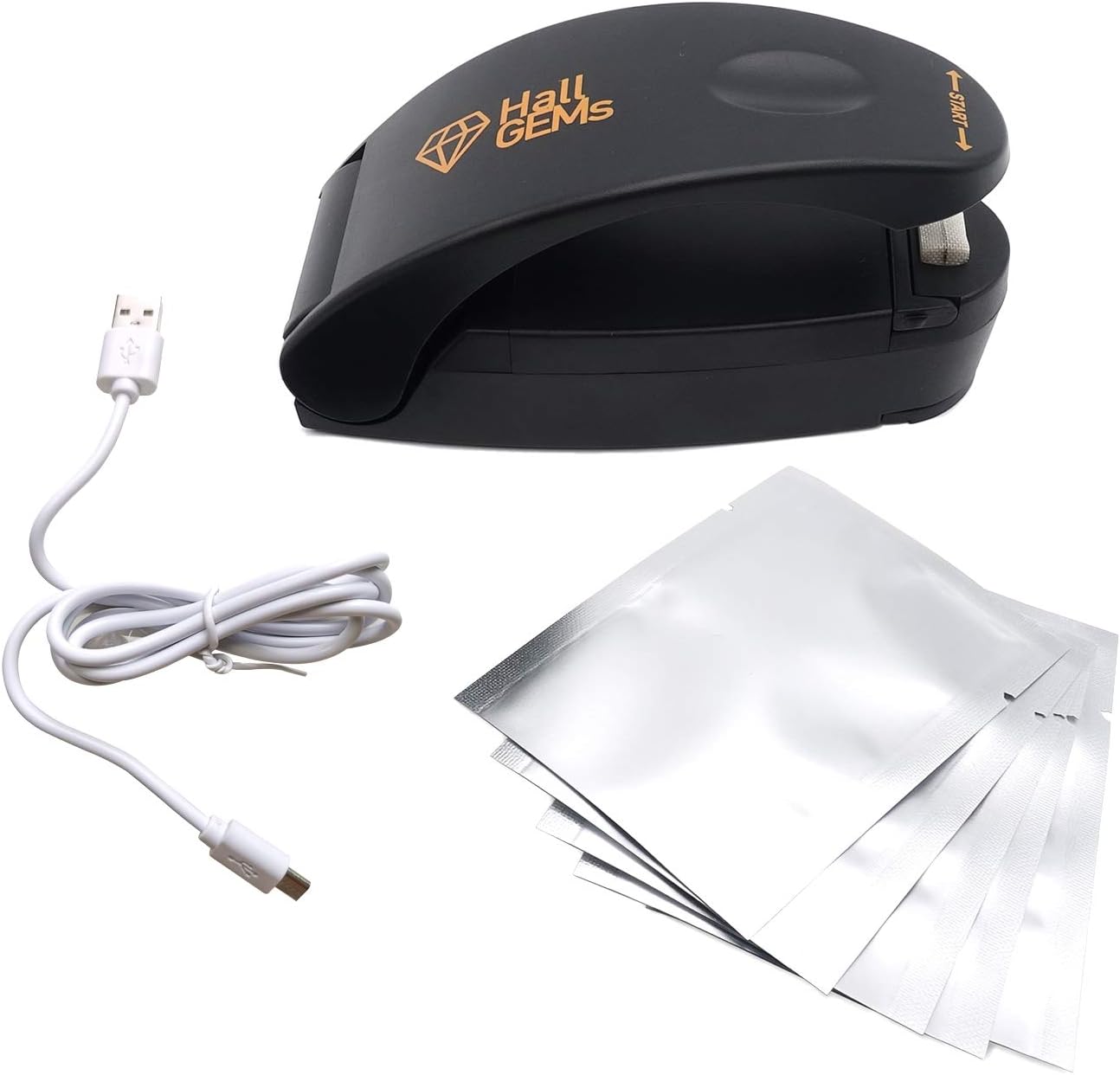 Premium Rechargeable Mini Heat Sealer by HallGEMs no Batteries Needed, Bonus 5 Mylar Foil Bags and Built in Bag Cutter