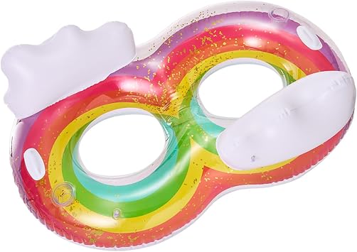 Large Rainbow Swimming Ring, Portable Glitter Pool Float, 55.12inx18.5inx13.38in, Water Park Fun, Easy To Inflate, Made From Sturdy Vinyl For Long Lasting Use, Eye Catching Design