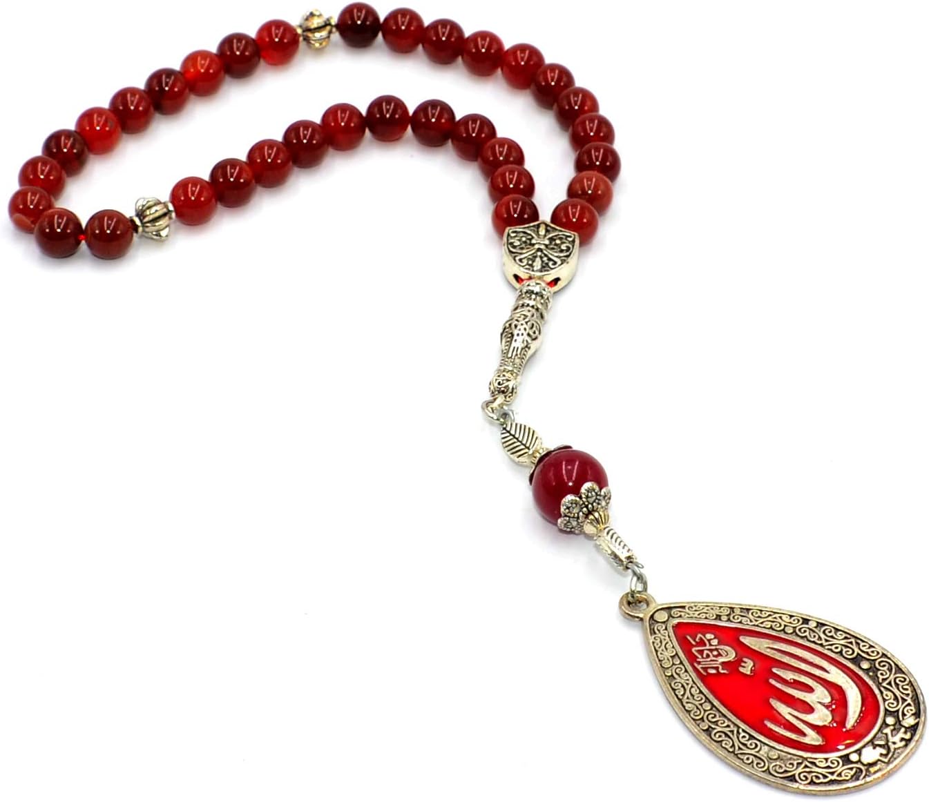 ALBATROSART Special -Allah Tassel- Collection (8 mm -33 Beads) Worry Beads - Prayer Beads-Tesbih-Tasbih-Tasbeeh-Misbaha-Masbaha-Subha-Sebha-Sibha (Red Agate Stone-Allah Tassel)