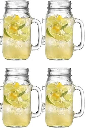 Tazas de vidrio Mason con asa y tapas de lata (juego de 4) Idea de regalo con logotipo de fecha establecida en relieve, para café, jugo, ponche,
