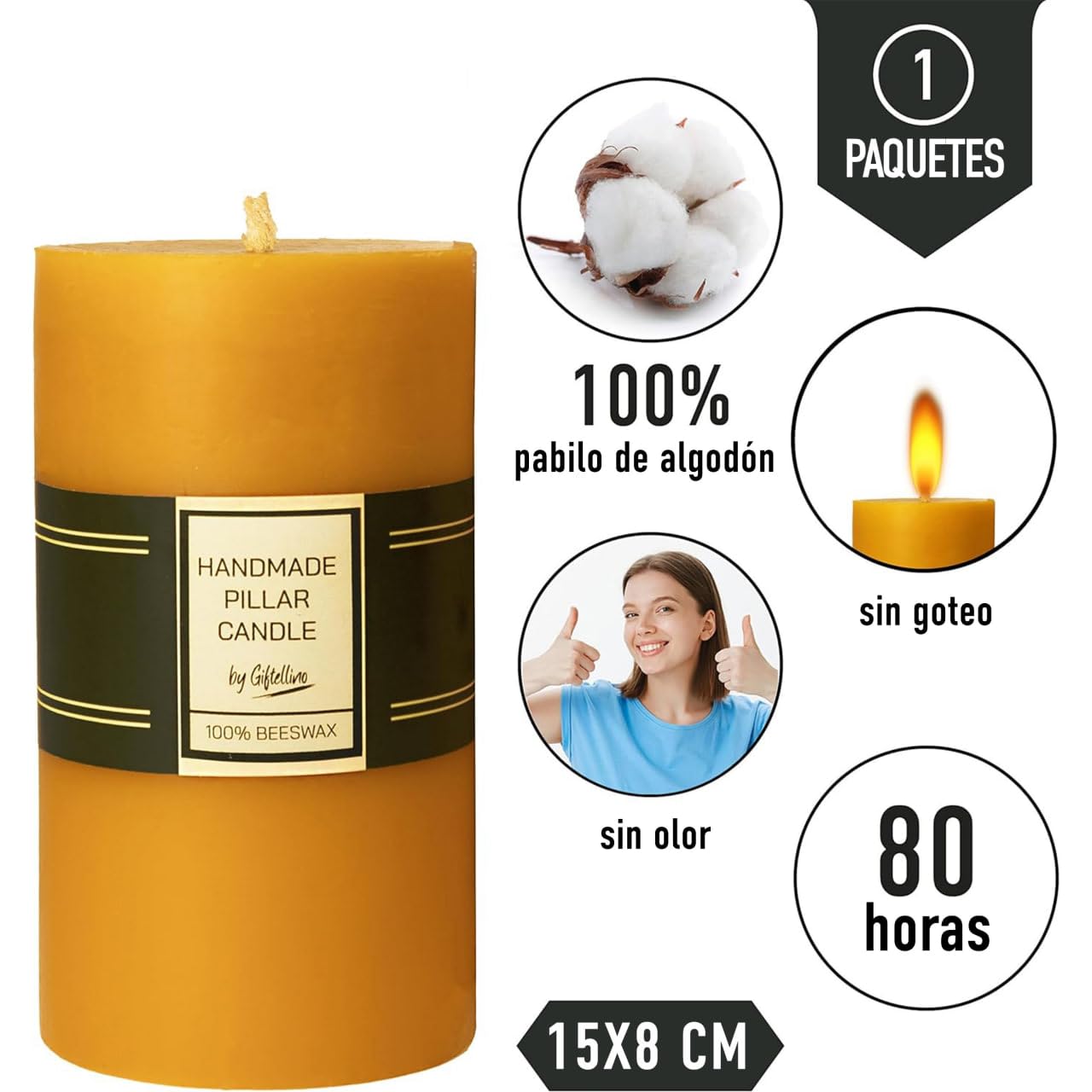Vela de Pilar de 100% Pura Cera de Abeja Extra Grande - Duración de 80 horas - Cera de Abeja Pura y Mecha de Algodón - Vela sin Aroma para Emergencias - Regalo para Amantes de las Velas