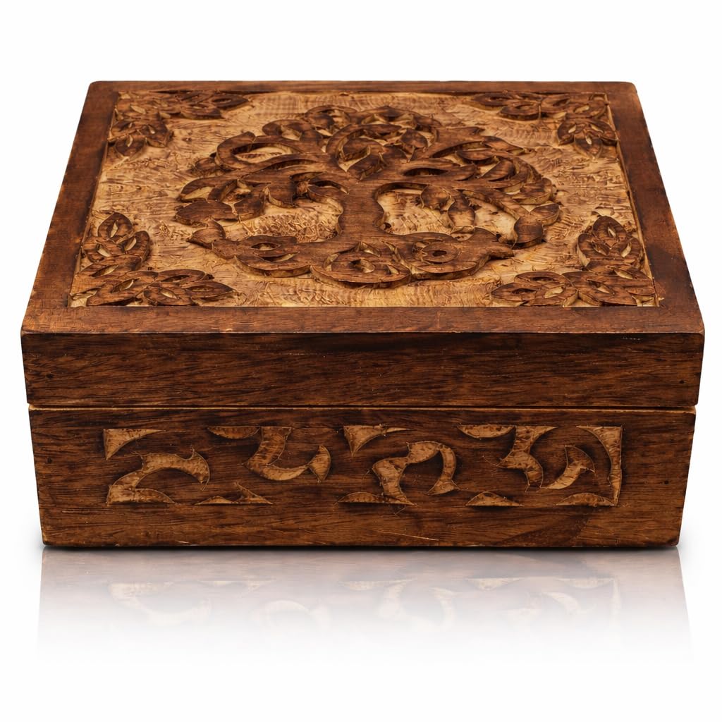 Great Birthday Gift Handmade Decorative Wooden Jewellery Keepsake Box Tree Of Life Carving Jewellery Organizer Treasure Chest Trinket Holder Watch Storage Lock Box Housewarming Gift