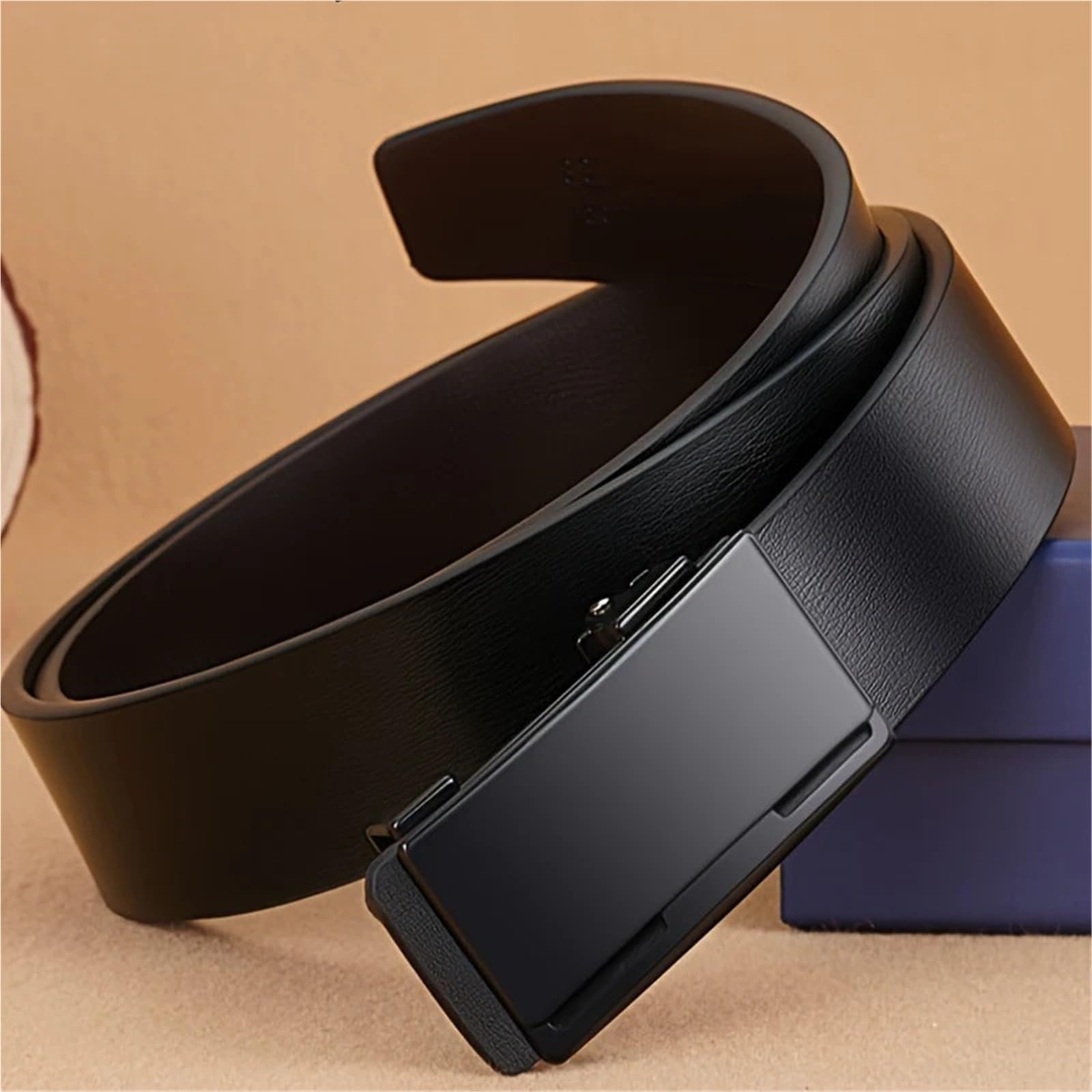 Cinturón de cuero para hombre, negro, metal, sin dientes, hebilla automática, para negocios, casual, de poliuretano, moda para hombre