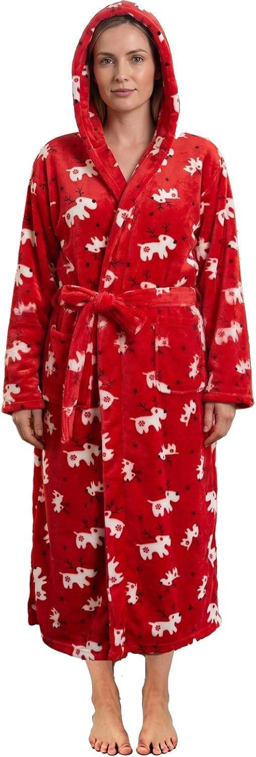 Womens Fleece Hooded Fluffy Bathrobe Plush Long soft cozy Winner Warm fuzzy Spa Robe with deep pockets