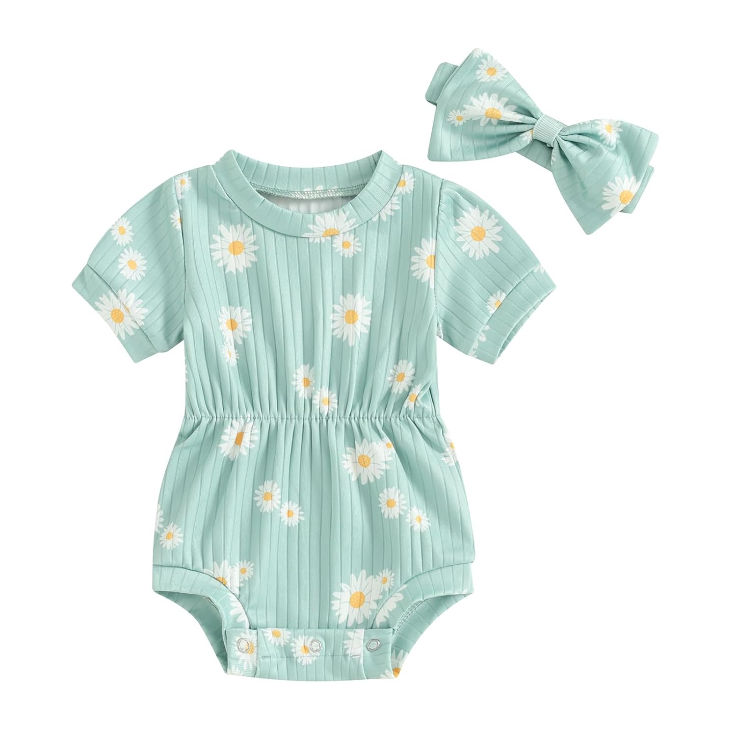 Summer Newborn Girl Outfit Baby Solid Color Floral Short Sleeve Romper with Bow Headband Coming Home Clothes Set