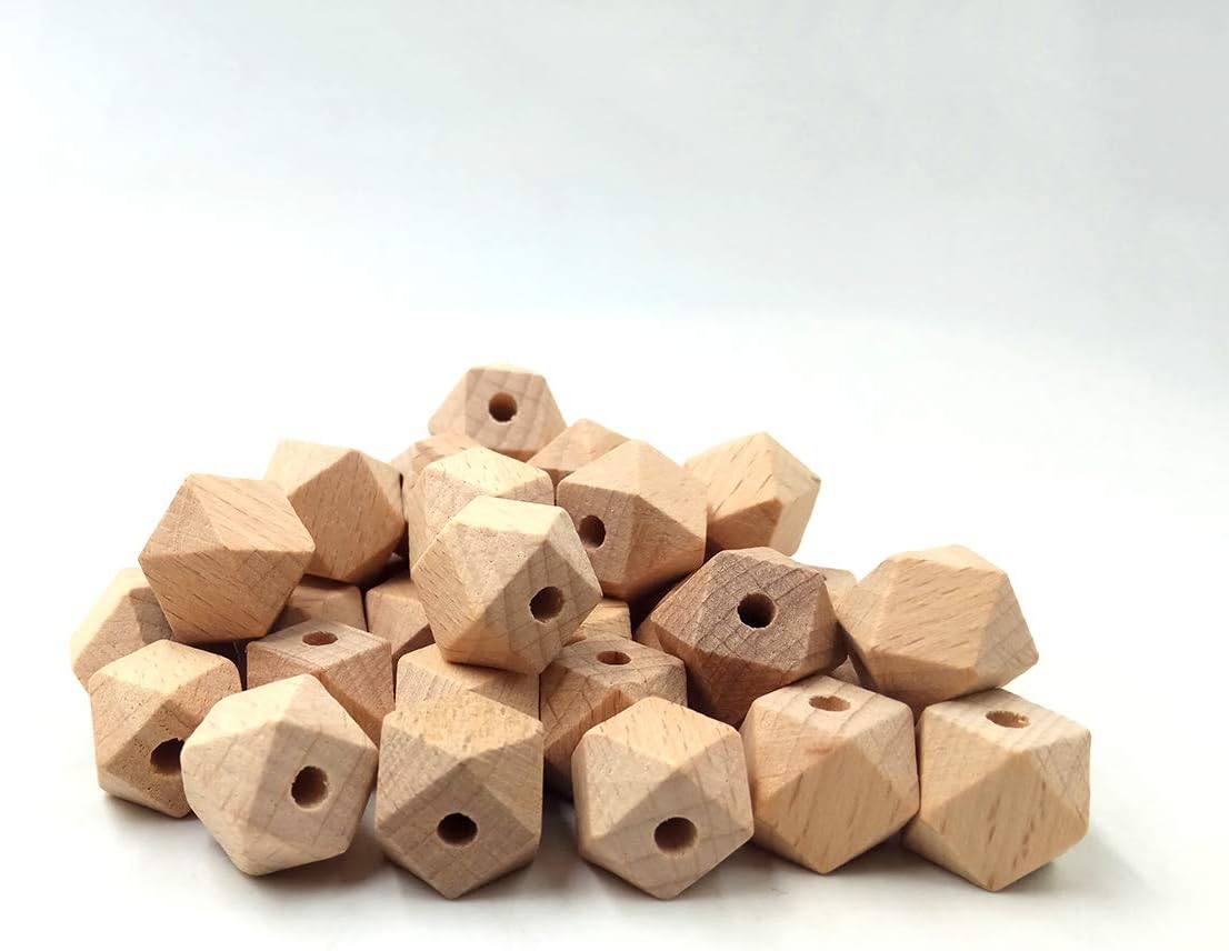 100pcs Faceted Beech Wood Geometric Hexagon Beads 20mm Unfinished Polygon Hexagonal Wooden Beads for Keychain DIY Home Decoration Crafts