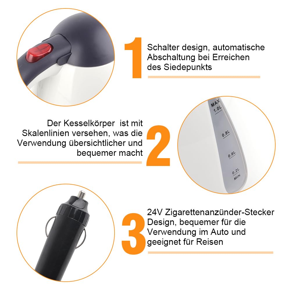 1000ML auto hete waterkoker draagbare boiler, reizen auto 24V voor thee, koffie, 304 roestvrij staal grote capaciteit Steel