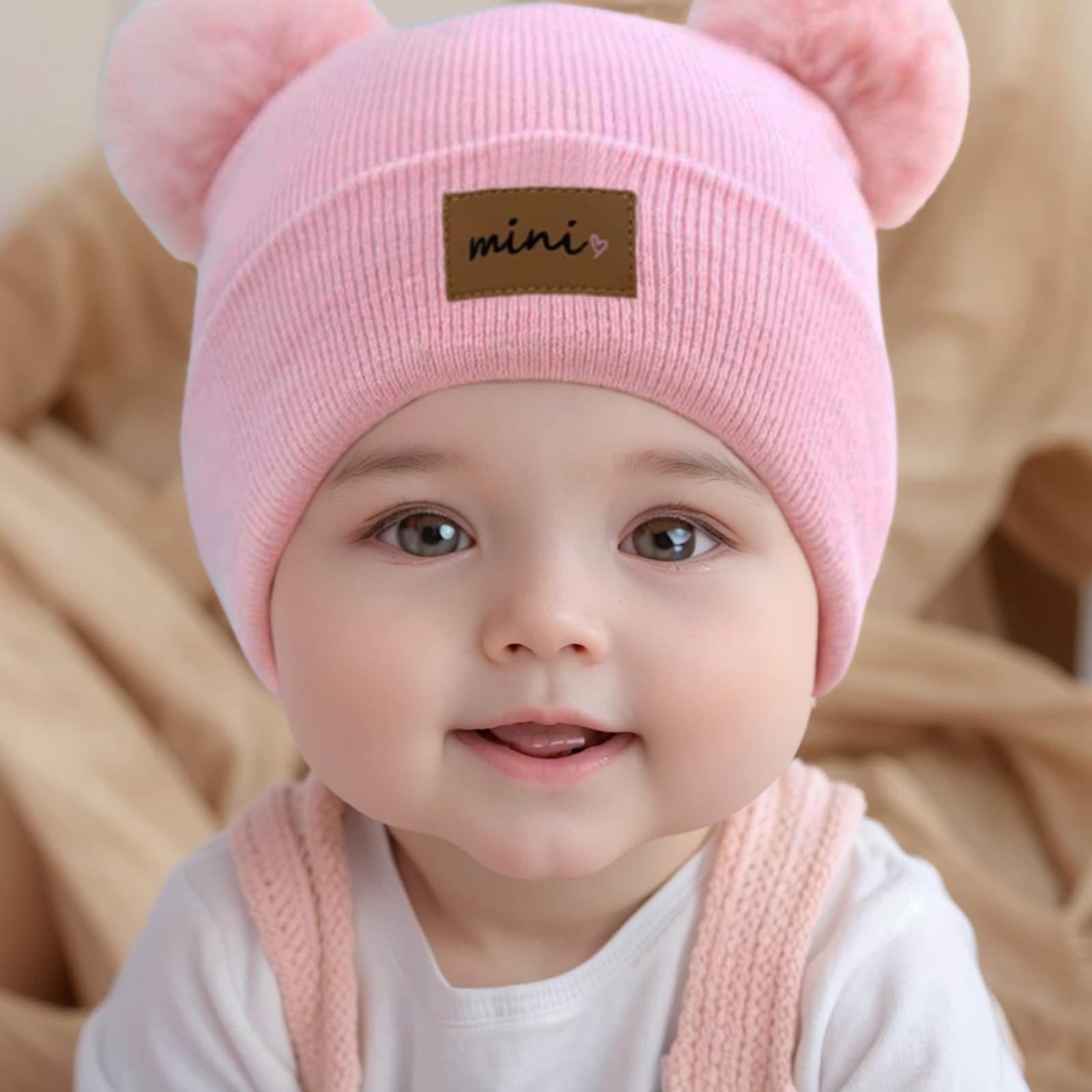 Baby Boy Girl Winter Hat Double Pom Pom Beanie Warm Knitted Toddler Beanies Soft Cute Kid Infant Hats(Pink)