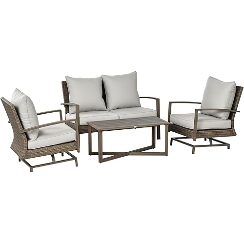 Outsunny 4 Piece Wicker Patio Furniture Set with 2 Rocking Chairs, Loveseat Sofa, Outdoor PE Rattan Conversation Set with Cushions, Aluminum Table for Porch, Poolside, Light Gray