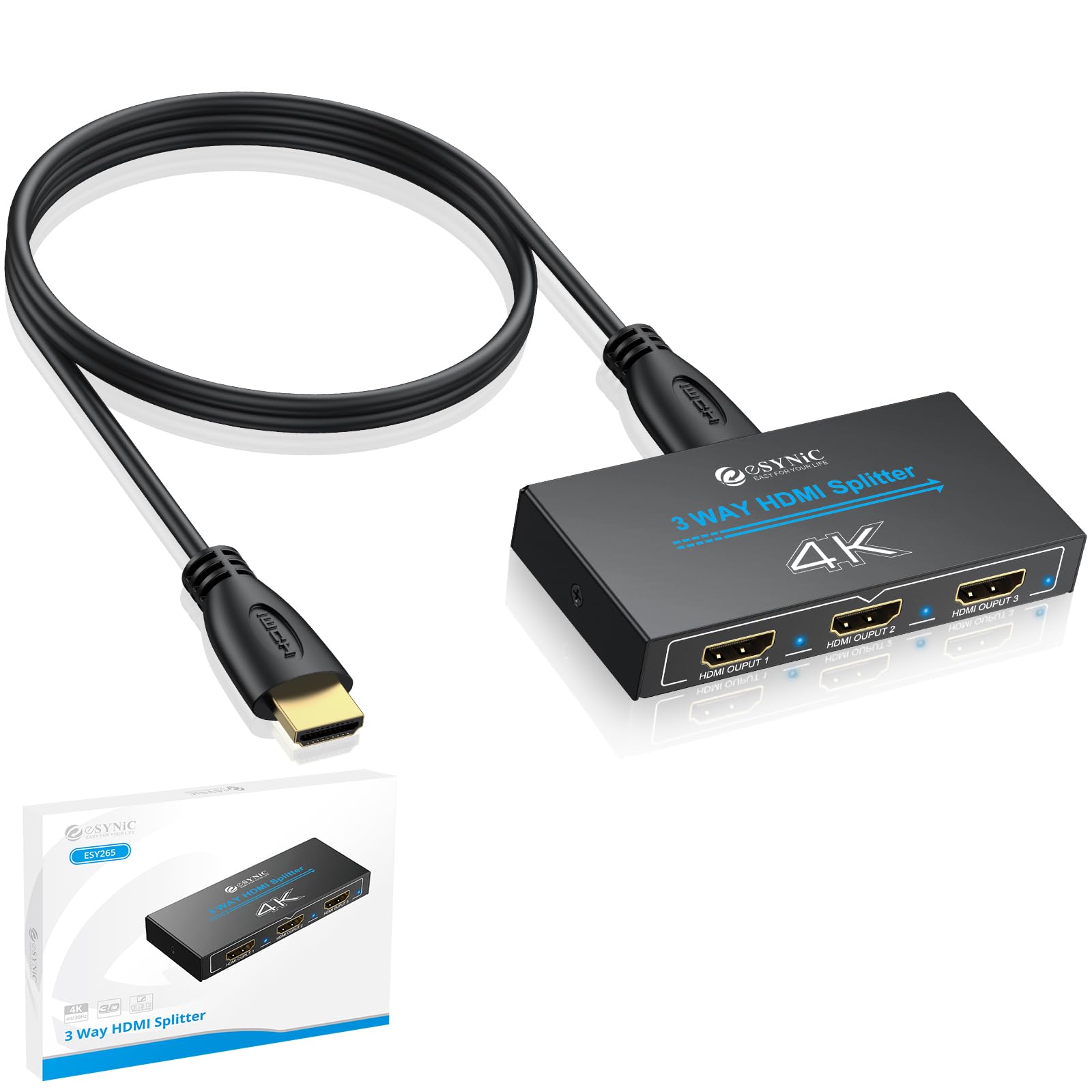 eSynic HDMI Splitter 1 In 3 Out 4K@30HZ 3D con 1m Cavo HDMI, 3 Vie Splitter HDMI Supporta HDCP 1.4 Bypass, 1X3 Splitter HDMI Involucro in Metallo per Fire Stick Console Blu-ray
