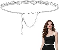 Quilax Sparkly Silver Rhinestone Chain Belt for Women - Thin Glitter Crystal Belt for Dresses, 43" Adjustable Fashion Accessory