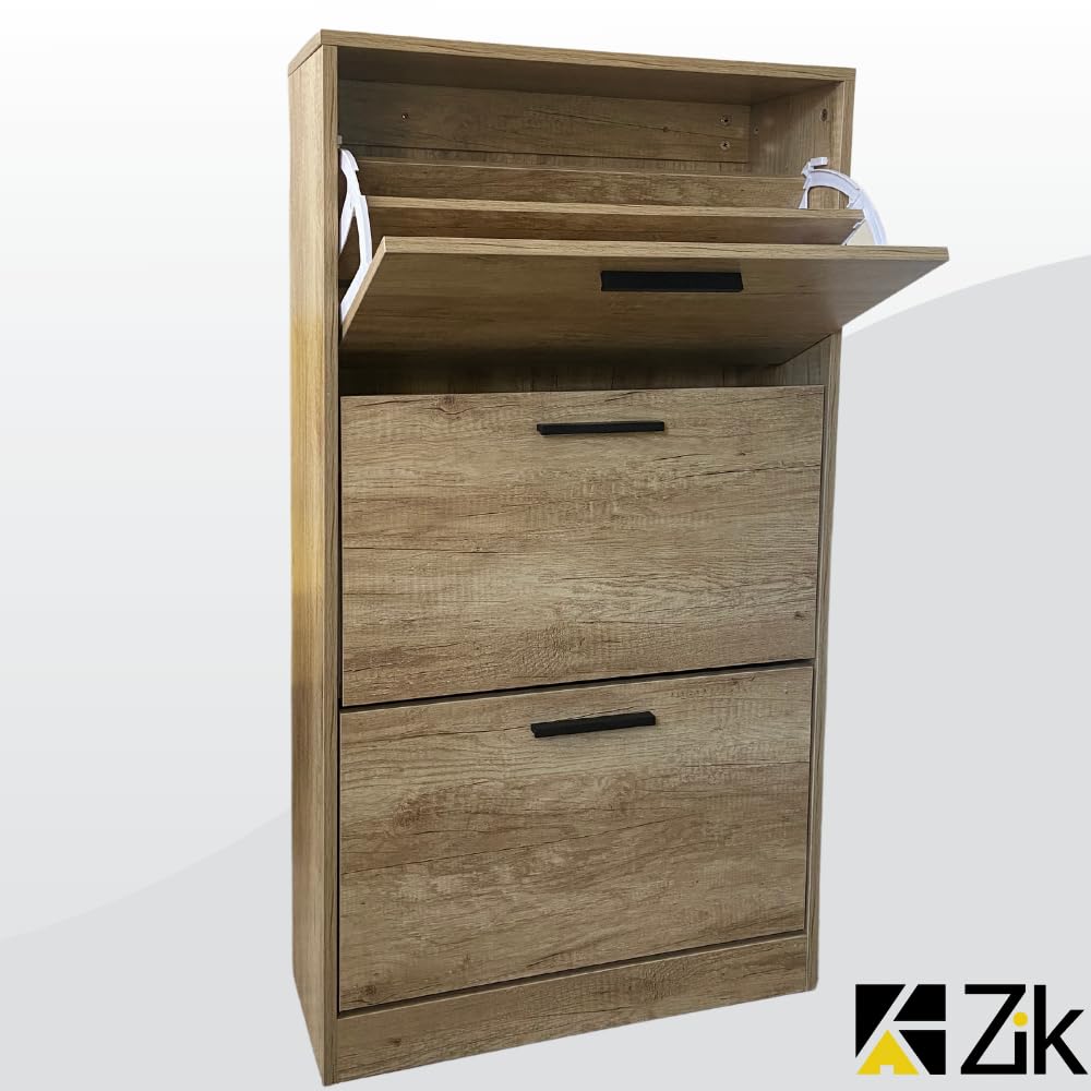 ZIK - Scarpiera Salvaspazio Slim in Legno (63x24x115h) Scarpiera da Ingresso Verticale, Moderna, Scaffale Scarpe di Design Vari Colori per Vari Stili di Arredamento (Rovere - Maniglie Nere)