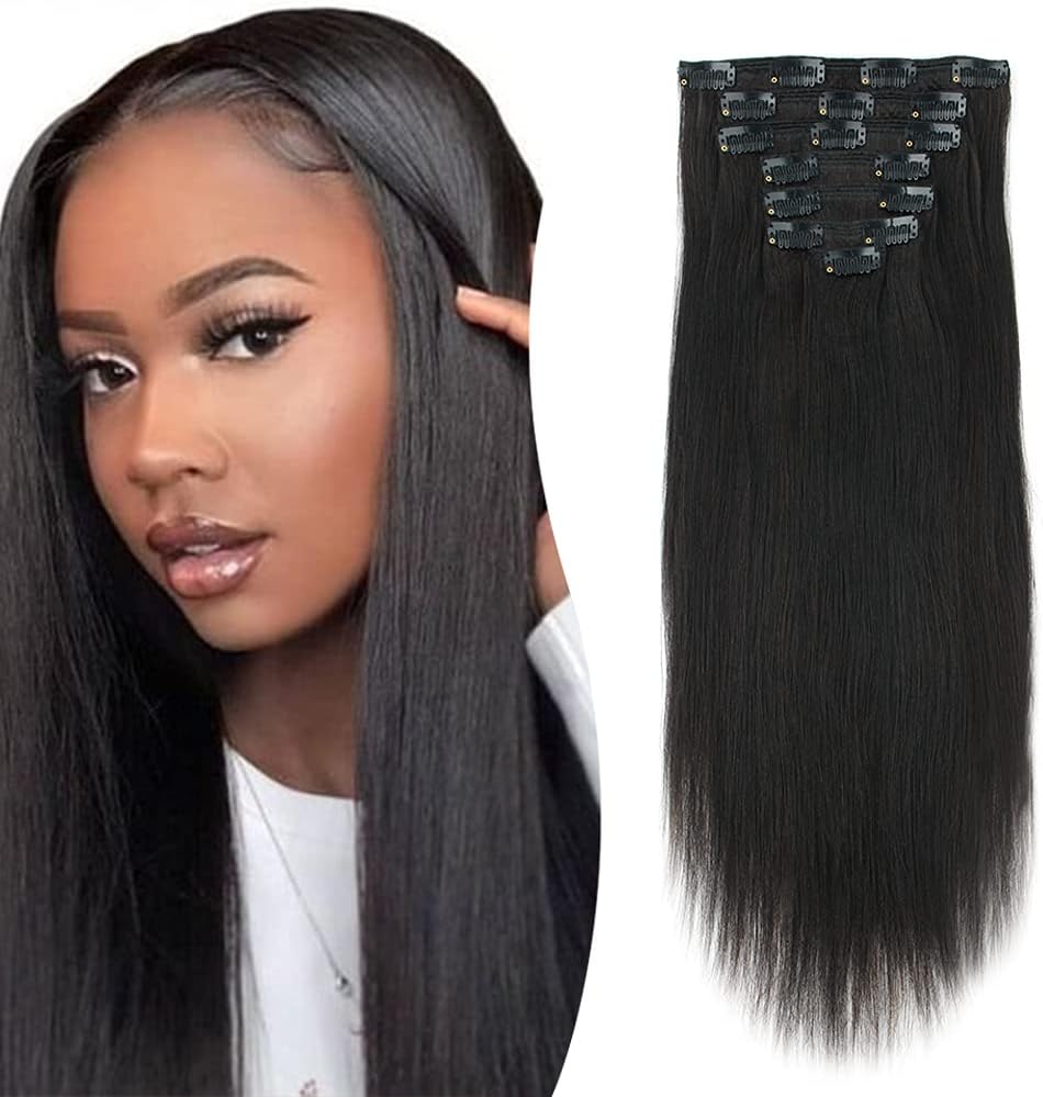 Yuniffe Yaki Straight Hair 7Pieces/Set 120 Gram Yaki Straight Clip in Hair Extensions for African American Volunme Yaki Clip ins for Black Women 14 Inch