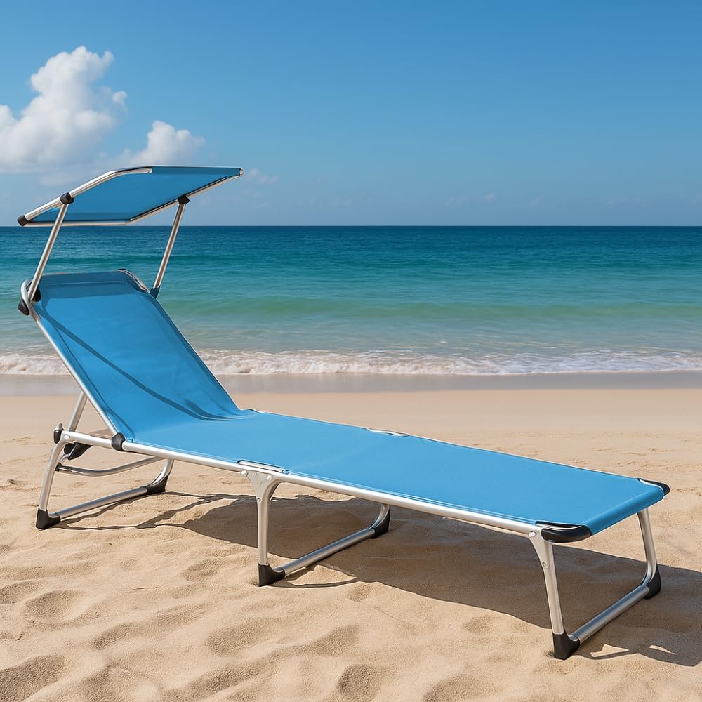 PALUPLUS Lettino Prendisole Pieghevole in ALLUMINIO con Tetto Parasole, Misura 190x60x80 cm, Tessuto Textilene impermeabile, tubolare 25mm per Spiaggia Piscina, Peso Max 120kg -489F-5,4 (Azzurro)