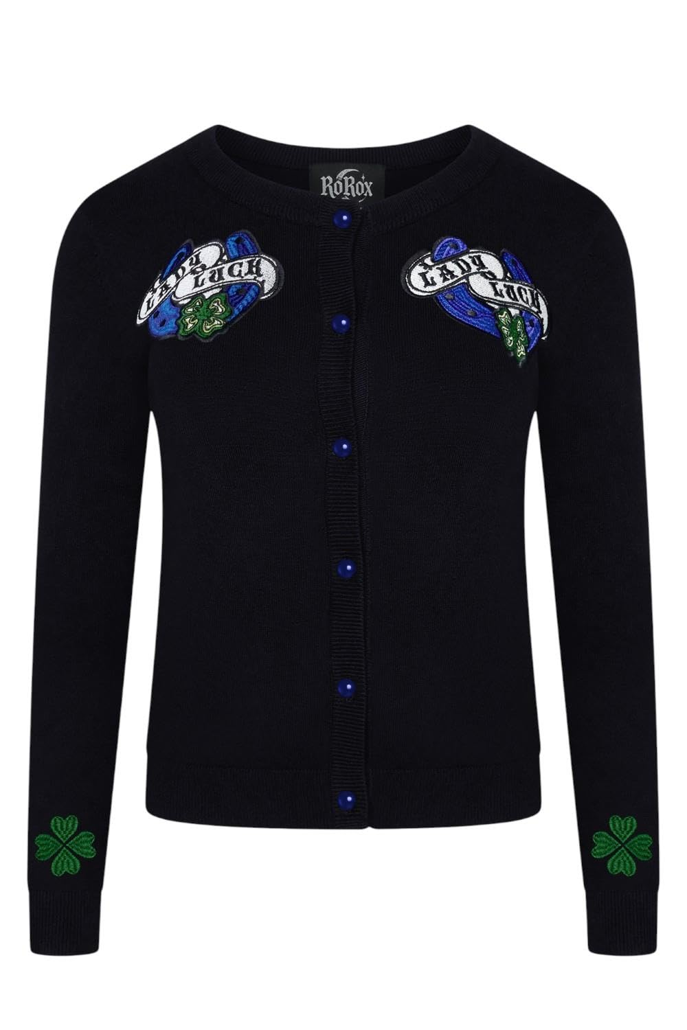 Ro Rox Lady Luck Cardigan Retro 50s Rockabilly Vintage Embroidered Knit Sweater, Black, 2XL