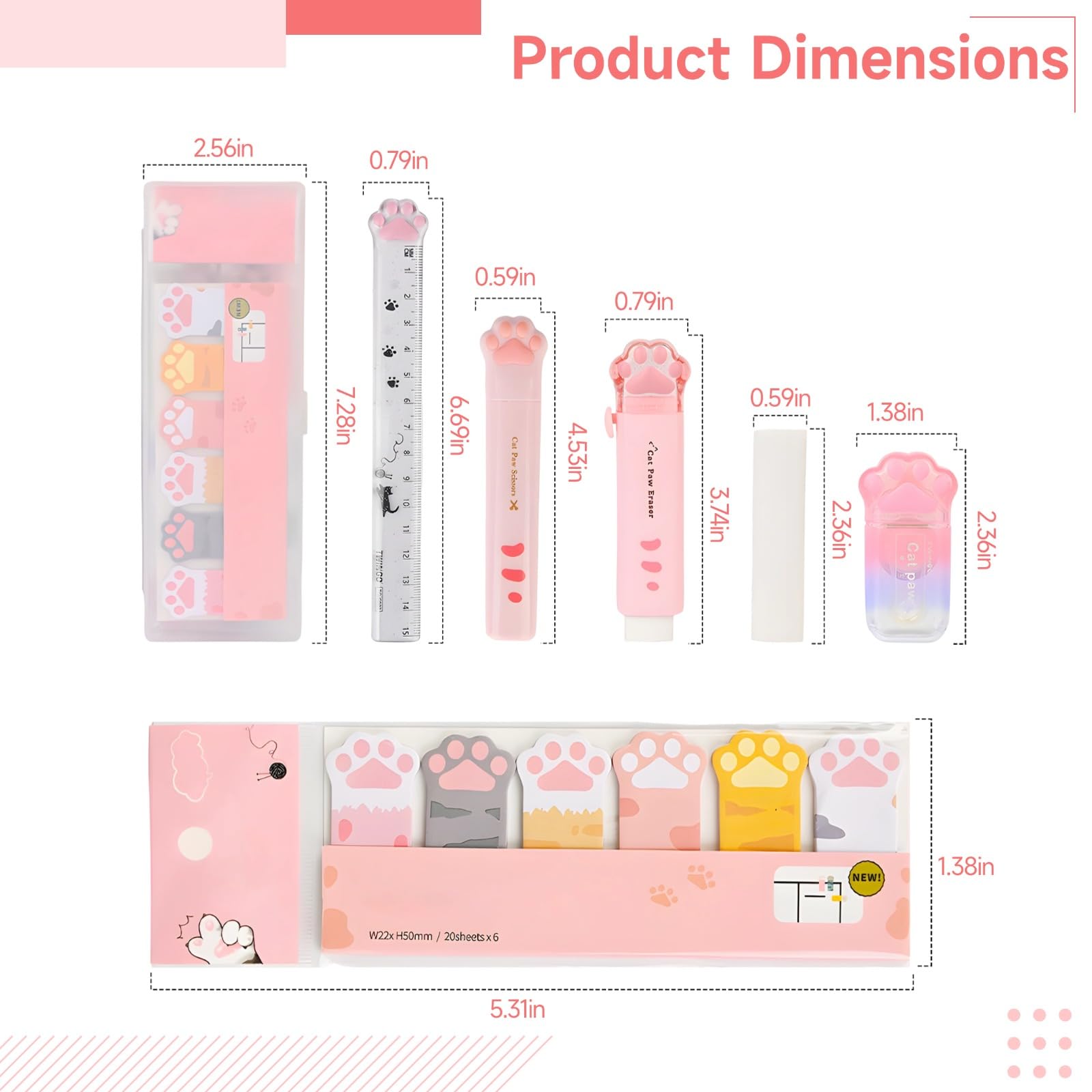 YOFAPA Cat Paw Stationery Set 10 Pieces, Kawaii School Office Supplies Kit, Cute Paw Print Design Highlighters, Ruler, Box Cutter, Writing Accessories for Students, Pink White Theme - Image 4