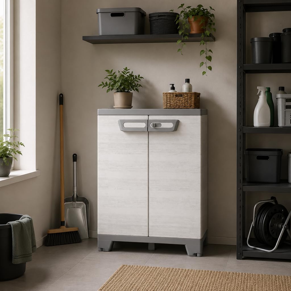 Kreher Kunststoffschrank Holzoptik (Beistellschrank mit 1 Boden) | Wetterfester, abschließbarer Mehrzweckschrank, Spindschrank und , für Keller, Garage und Balkon