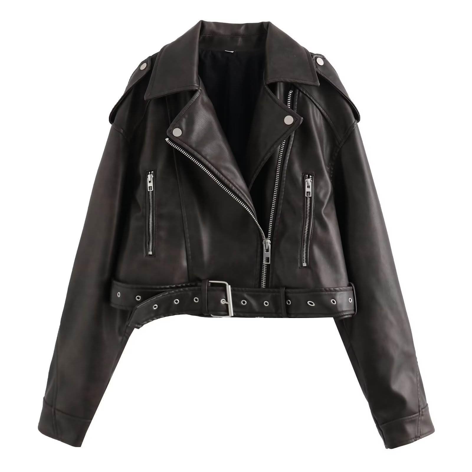 Generisch Giacca da donna in pelle con collo a risvolto, in ecopelle, morbida, casual, per le mezze stagioni, stile retrò, casual, sottile