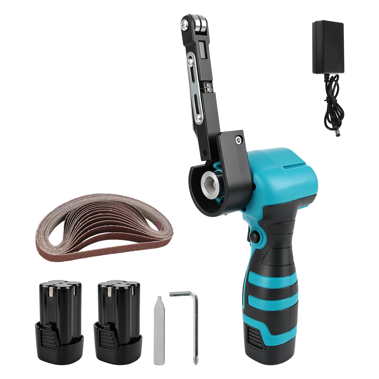 Cordless Belt Sander, Electric File Sander with 2PCS 16.8V Batteries, 15PCS Sanding Belts (80–1000 Grit), 2800 RPM, Powerful Motor for Wood, Metal, and Curved Surfaces, Fast Charging