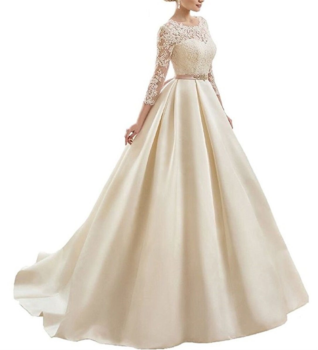 Abiti da Sposa in Raso con Scollo a V Donna V Abiti da Sposa in Raso in Raso con Maniche Lunghe