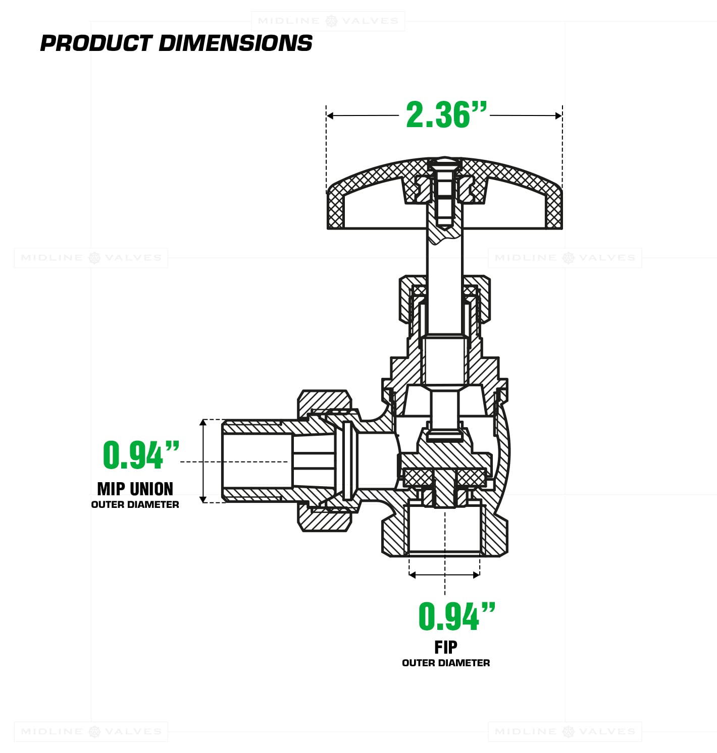 Midline Valve 6I342-5 Válvula de radiador de vapor; control de temperatura de ventilación de aire; 1 pulgada FIP x unión macho; latón (paquete de 5)