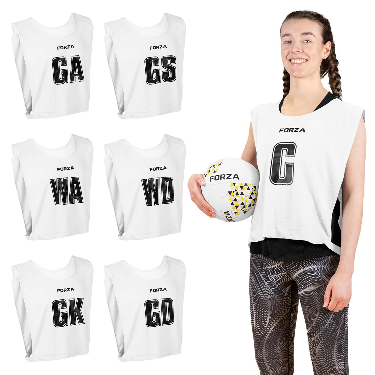 FORZA Pro Netball Bibs [7 Pack] | Full Netball Player Position Bib Pack Available in 7 Colours - Breathable and Comfortable Bibs for Schools & Clubs (White, Small)