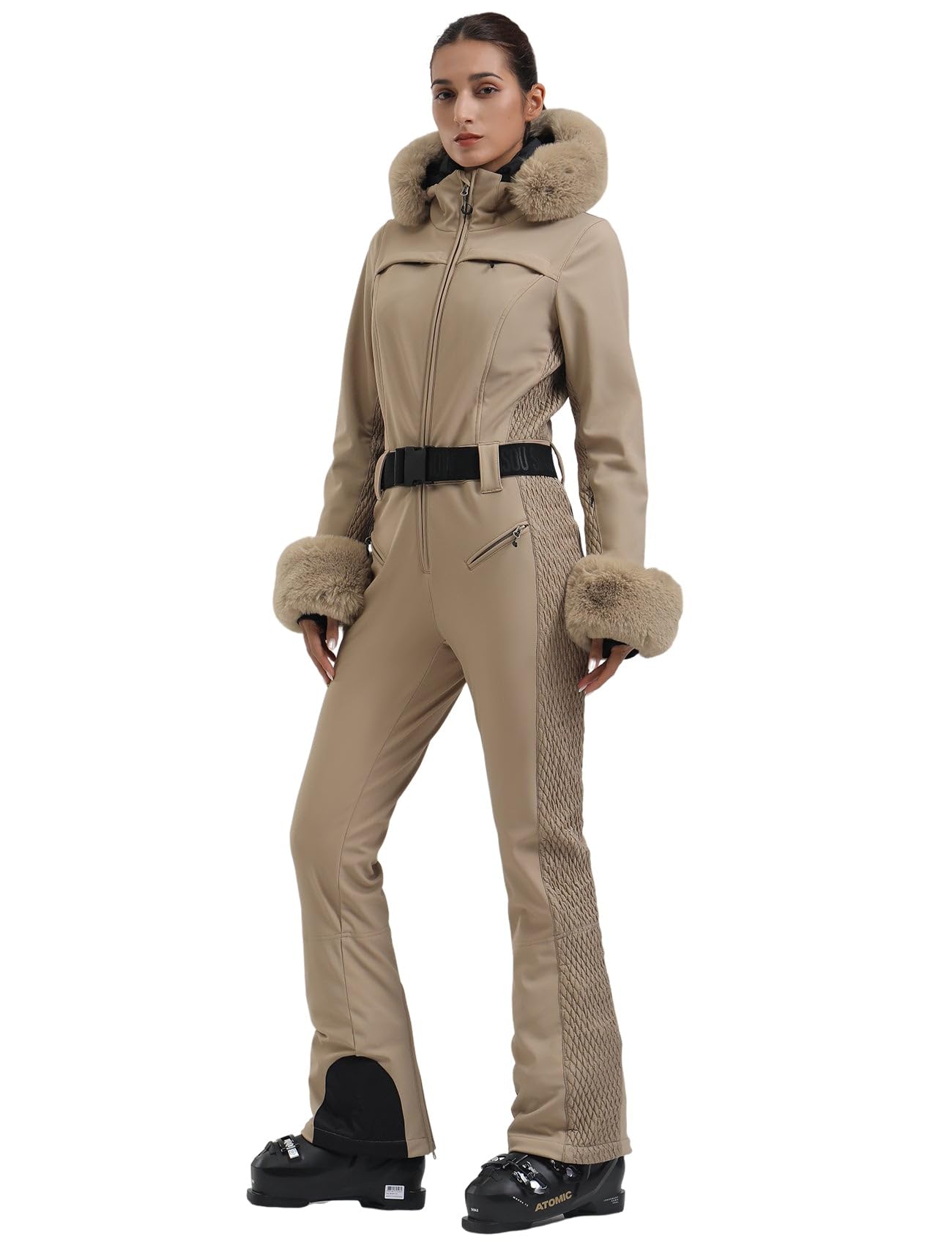 GSOU SNOWSki Suit Women One Piece Snowsuit Slim Ski Jumpsuit Faux Fur Snowboard Waterproof Windproof Insulated Warm Hooded