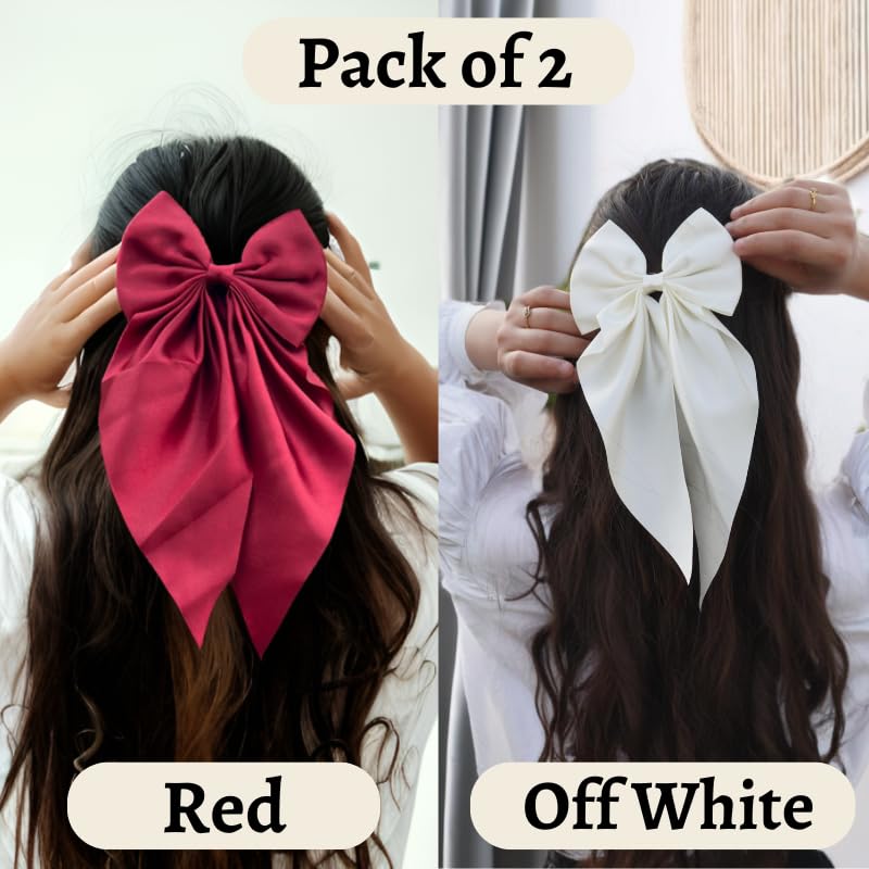 Image of 2 Pack Off White and Red - Hair Bows, Bow Clips for Women - Hair Clips, Luxury Satin Hair Bow Clips for Girls, Hair Clip - Cute Hair Accessories for Girls