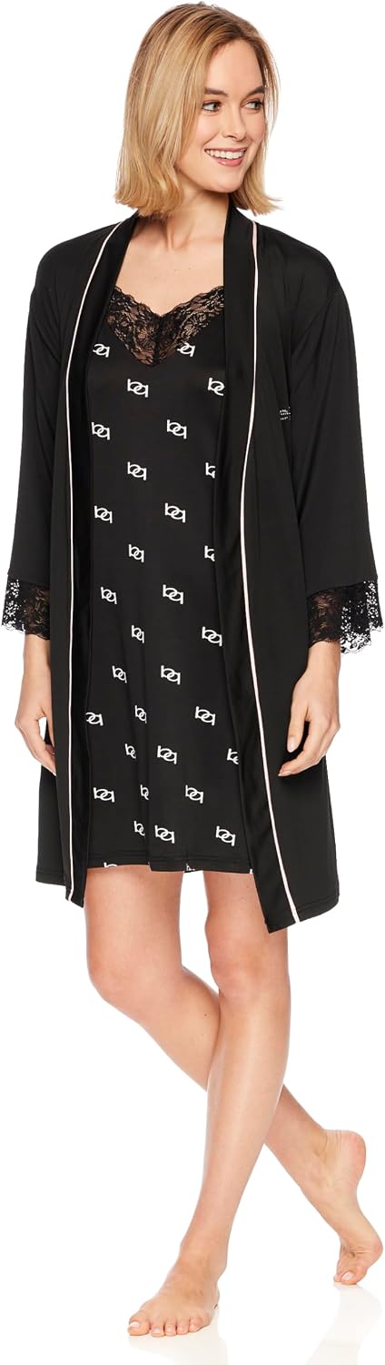 bebe Womens Pajama Lounge Chemise Nightgown & Belted Wrap Robe Sleep Travel Set
