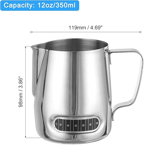 Miniatura 2 de uxcell Jarra de espuma de leche con termómetro integrado, taza de café de acero inoxidable de 12 oz11.8 fl oz, jarra de espuma de leche con asa para