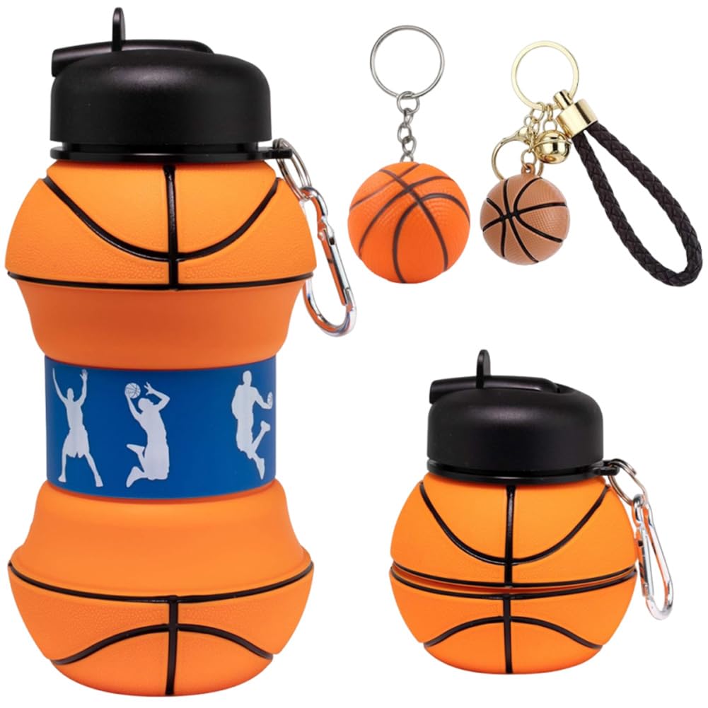 GlibberToy Basketball Collapsible Water Bottle & Keychain Set- 550ml Silicone Bottle with 2pcs Basketball Shape Keyring - Foldable Drink Sports Water Bottle Gift for Boys & Girls Sports Fan (Orange)