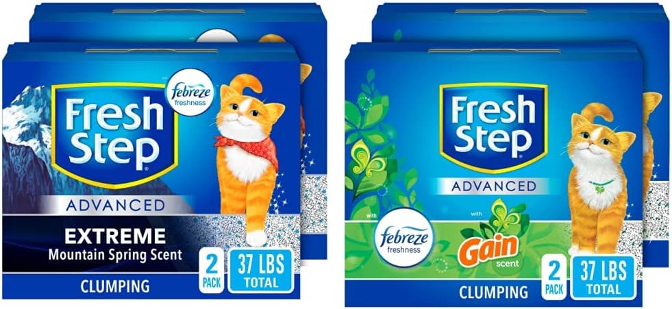 Fresh Step Clumping Cat Litter, Advanced, Extreme Mountain Spring Odor Control, Extra Large, 37 Pounds Total & Clumping Cat Litter, with Gain, Advanced, Extra Large, 37 Pounds Total
