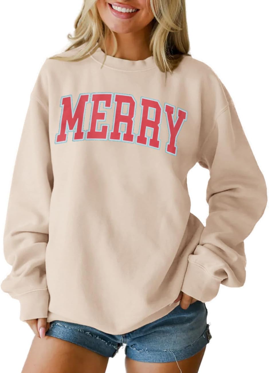 Merry Christmas Sweatshirt for Women Retro Merry Letter Sweatshirts Xmas Holiday Crewneck Long Sleeve Pullover Tops