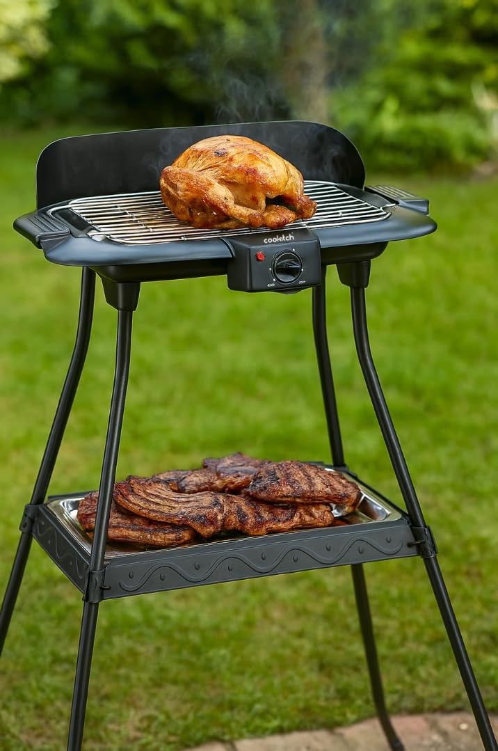 Barbacoa Eléctrica 2000W, 2 en 1 - Parrila Eléctrica de Pie y de Mesa, Portátil, Sin Humo, Calienta rápido con regulador de temperatura, Incluye Cortavientos