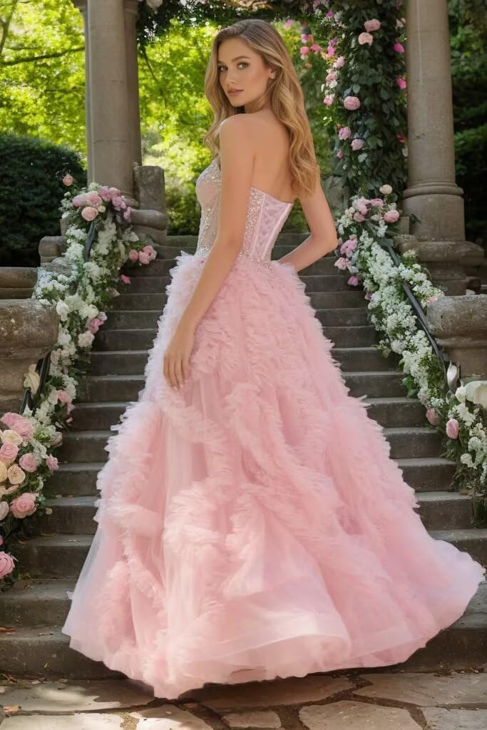 Puffy Layered Tulle Prom Dress Strapless Laces Ball Gown Sweetheart Formal Evening Party Dresses with Beaded