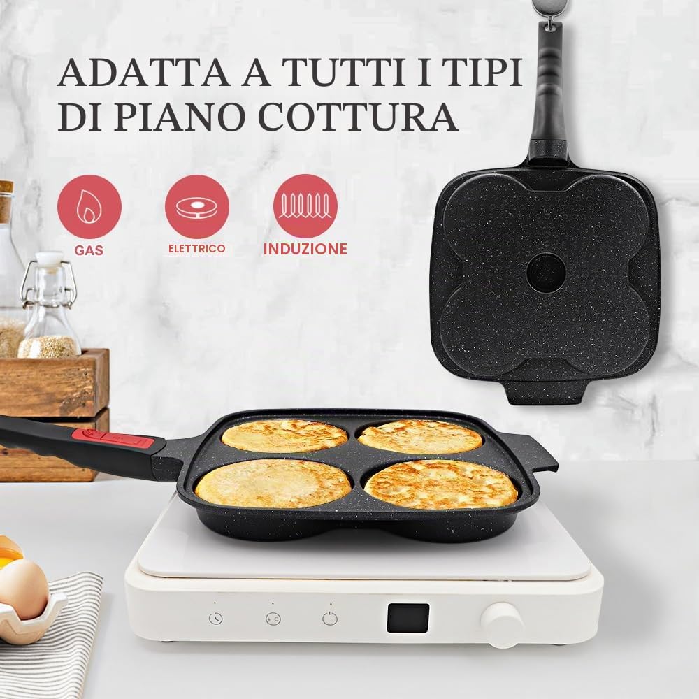 RANX INGST Padella Grande per Pancake 26 X 24 cm, Padella per Uova Fritte con Manico Rimovibile e Coperchio, Padella per Omelette 4 Fori Antiaderente