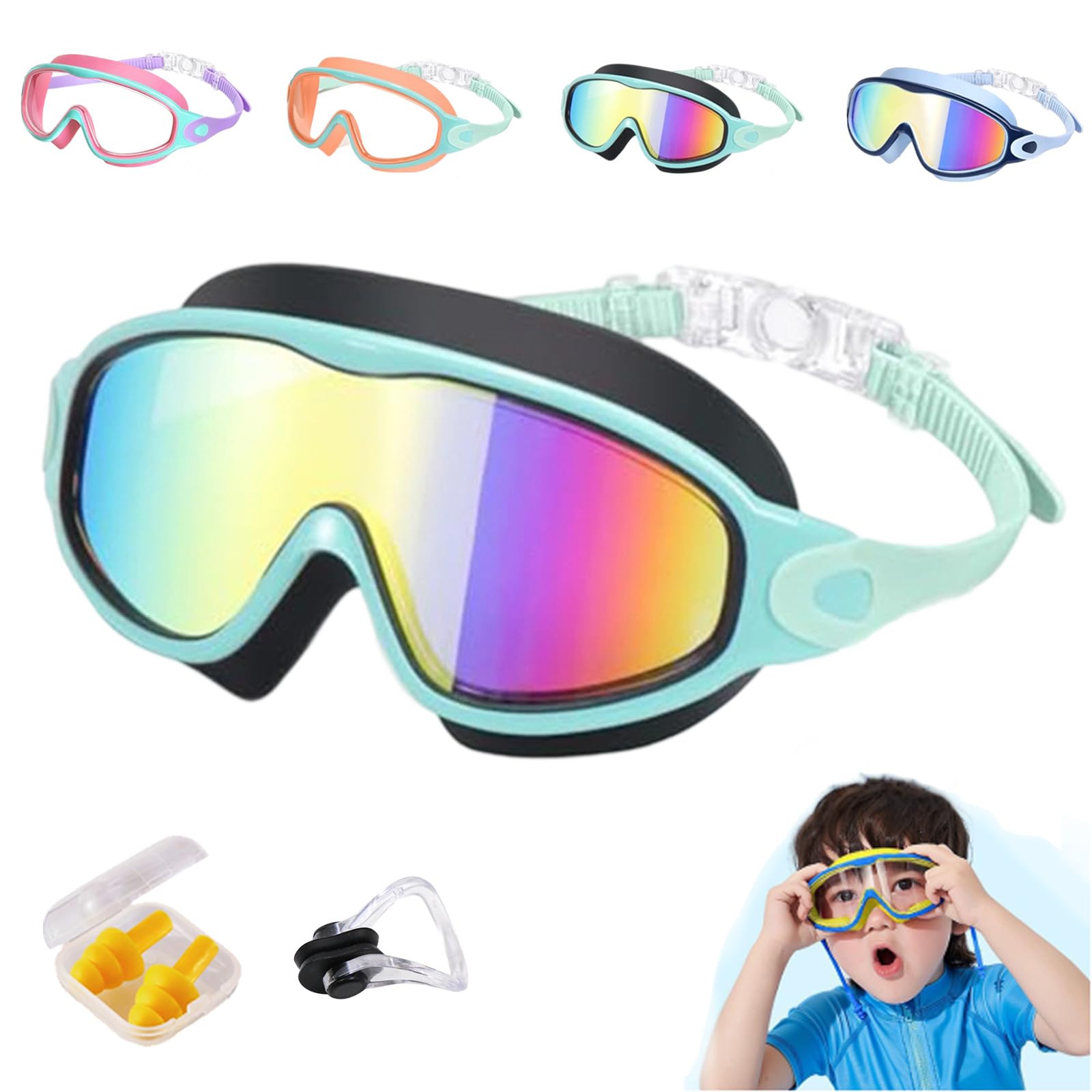 HItianya My Cool Summer Goggles, No Leaking Swim Glasses for Men Women Youth, Waterproof Anti-Fog Kids Swimming Clip on Goggle with Ears Plugs Attached for Junior Boys Girls (Black Green Gold)