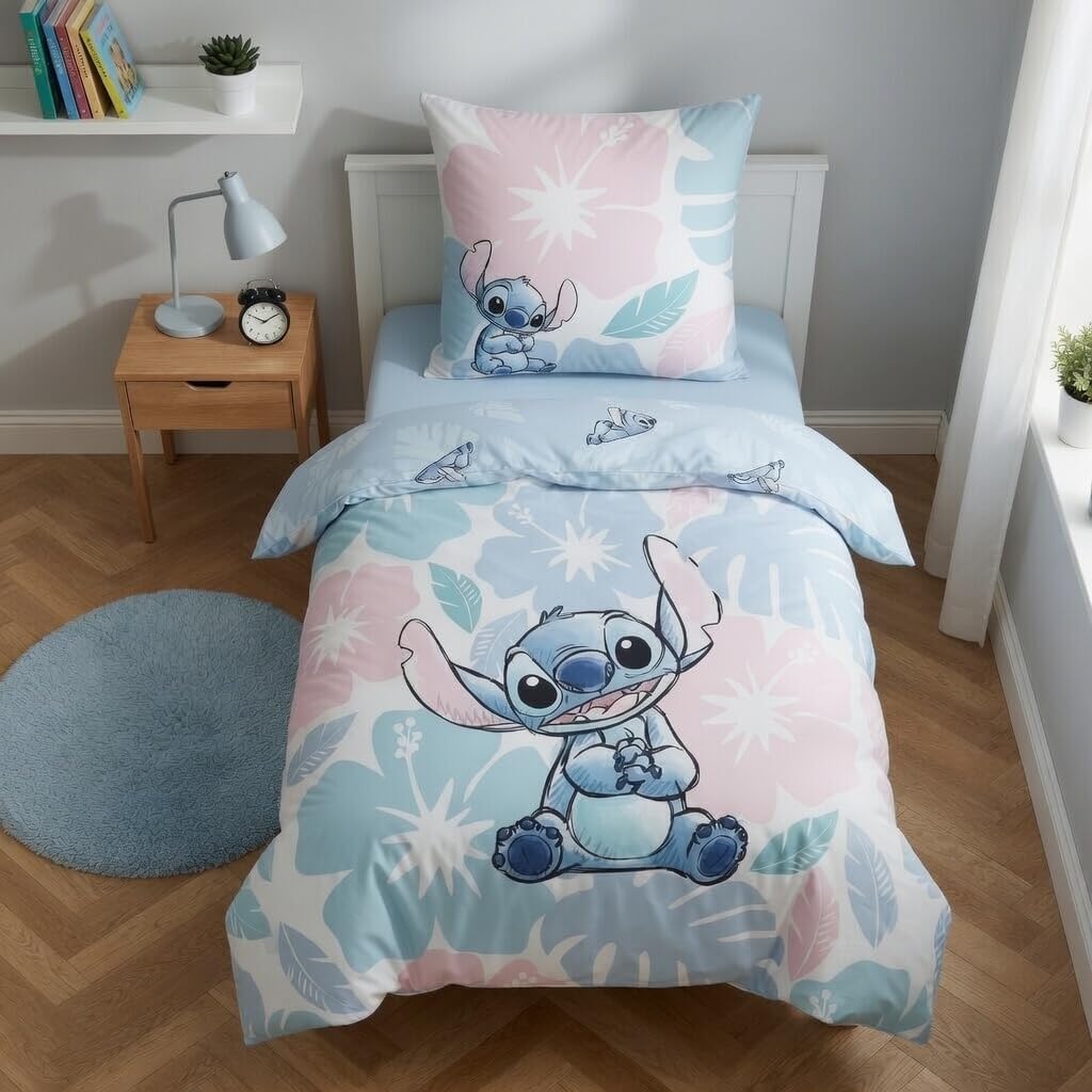Stitch Girl Single Duvet Cover 135x200 + Pillowcase Tropical Blue/Pink | Reversible bedding | Single bed | Polycotton Oeko-Tex | Stitch | Great gift | Skin-friendly | Official licence-image-26