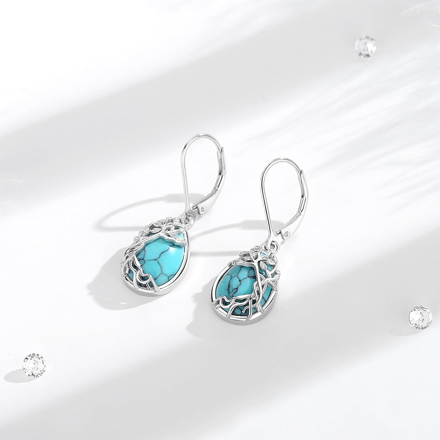 Vito 925 Sterling Silver Teardrop Earrings for Women, Moonstone Turquoise Drop Dangle Earrings Cat Snake Turtle Tree of Life Leverback Earrings Boho Jewelry Gift for Mom Wife - Image 3